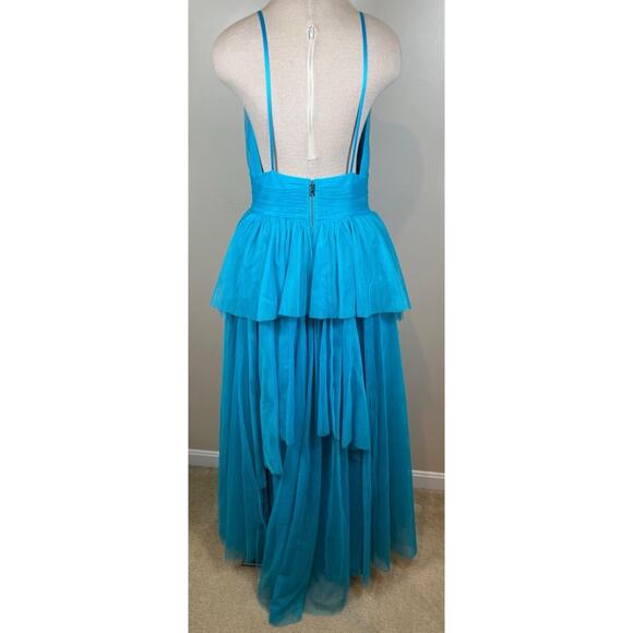 Alice + Olivia Doja V Neck Tulle High Low Tiered Blue Maxi Gown Size 8 - Picture 14 of 16